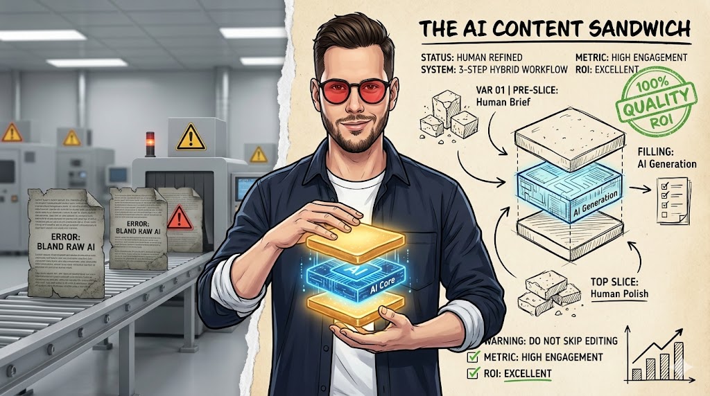 What is the "Sandwich Method" for editing AI content to maximize quality?